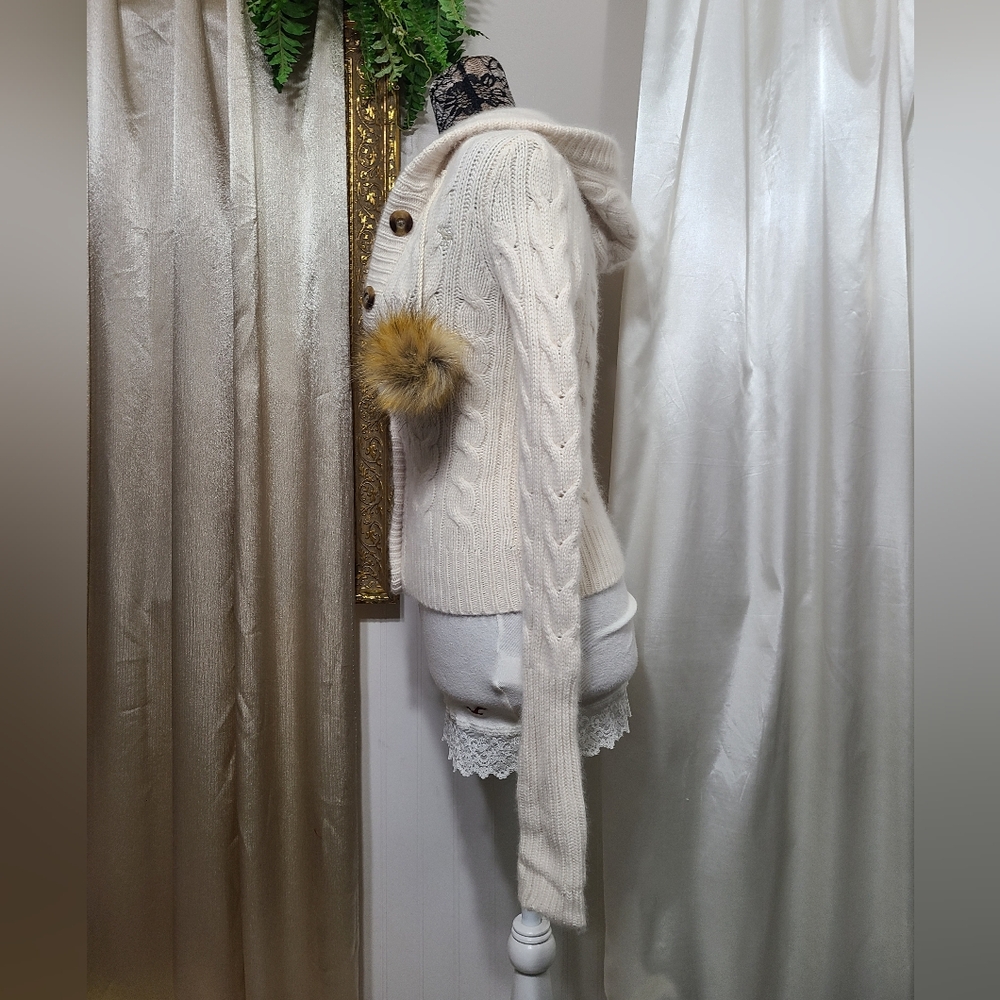 ♡ Y2K ♡ Abercrombie Cream Wool & Rabbit Hair Babydoll Sweater Fur Pompoms - Picture 7 of 11